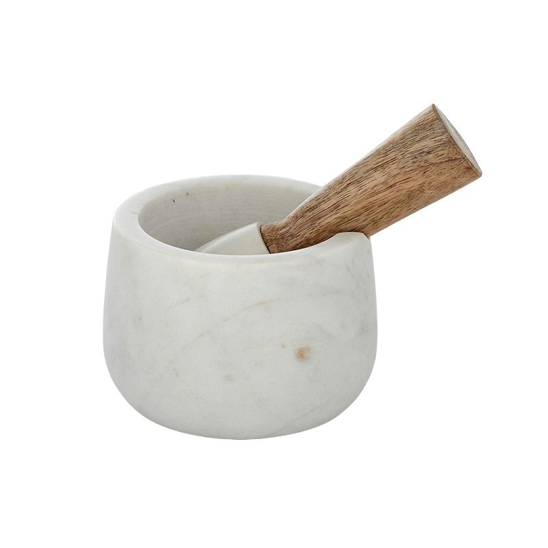 Marble/Wood Mortar & Pestle 11x7.5cm Wht