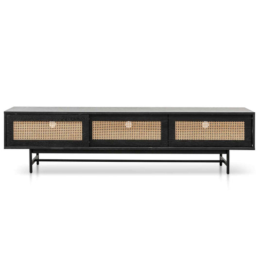 COak Entertainment TV Unit - Black with Natural Rattan Door