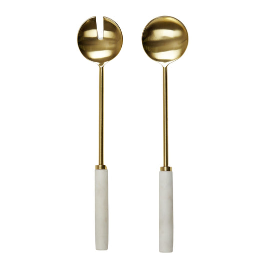 Eli S/2 Marble Salad Servers 30cm Wht/Gd