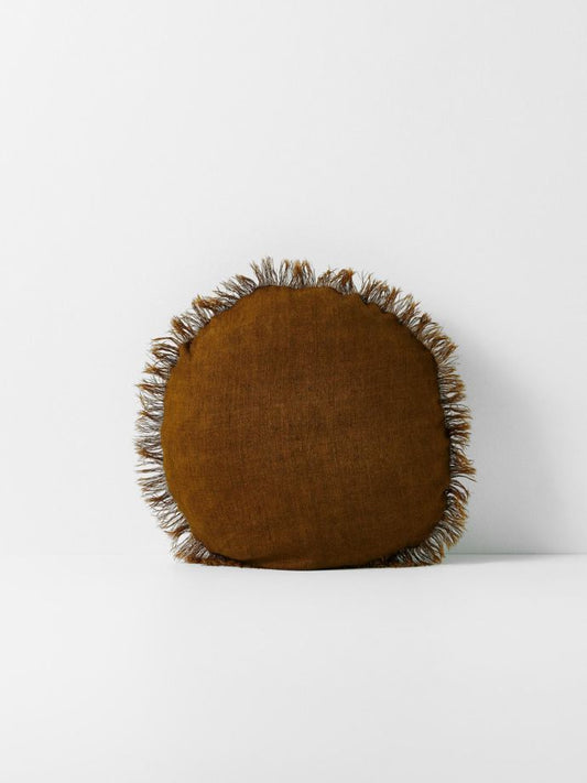 Aura 45cm Round Cushion Linen Fringe Tobacco
